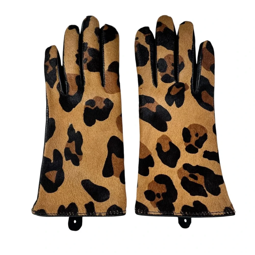 New Chicos Black Label Leopard Gloves‎ S Black Leather Pony Hair Mob Wife Chic